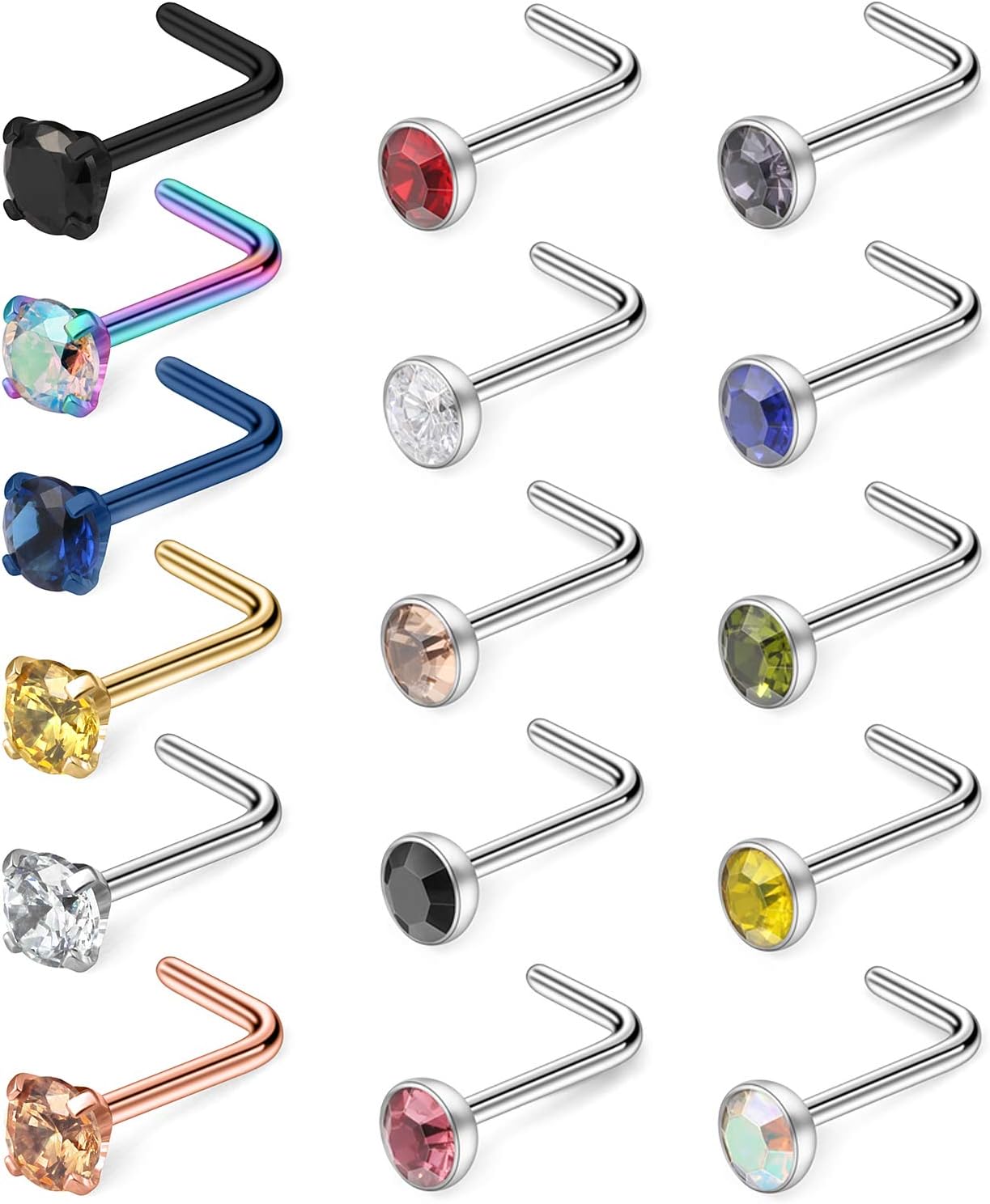 Hoeudjo18G Surgical Steel Mix Color Diamond CZ Nose Stud Rings L Shaped Screw Bone Nostril Pin Piercing Jewelry 1.5mm 2mm 2.5mm 3mm 16PCS