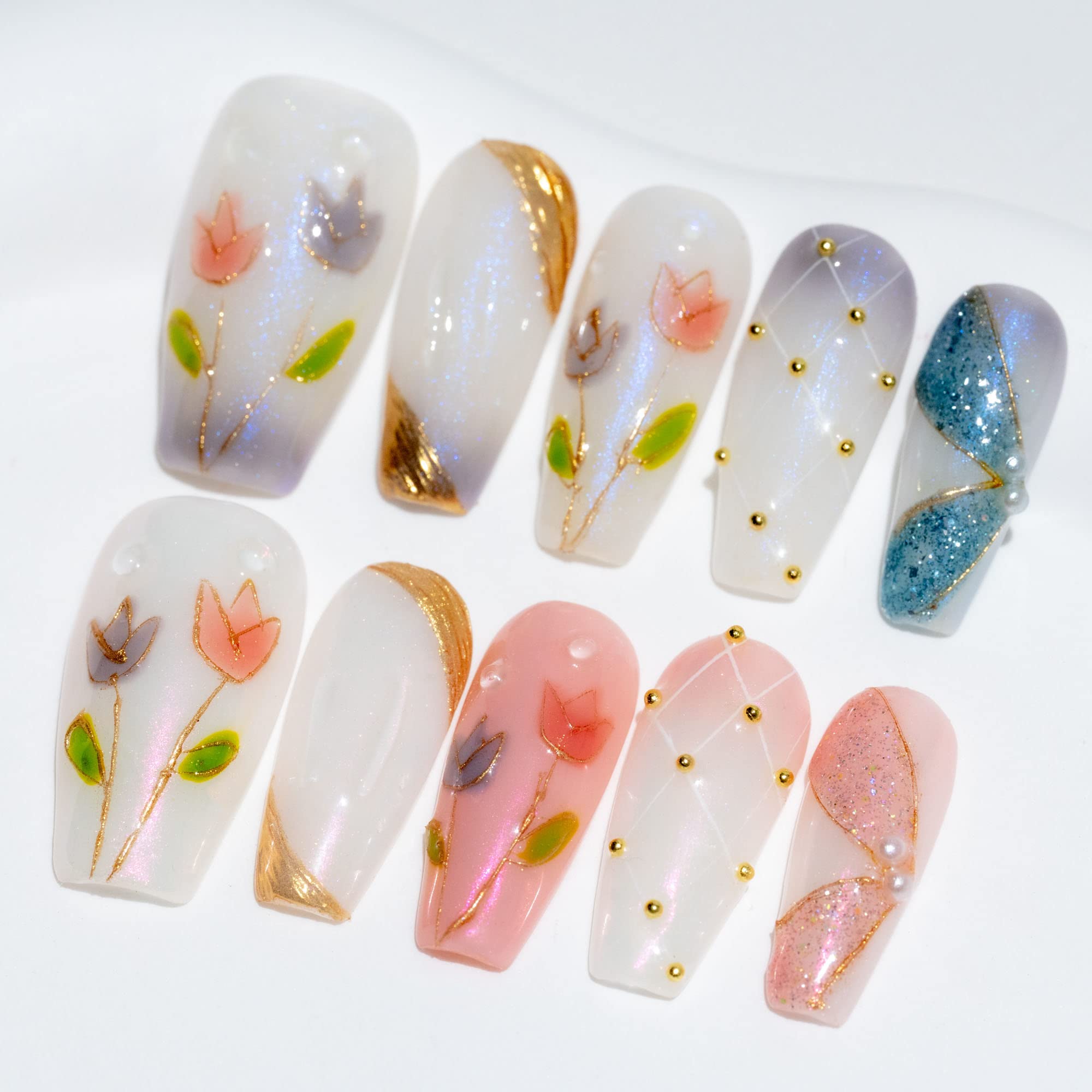 Sun&Beam Nails Handmade Long Coffin Ballerina White Pink False Nail Tips with Cute 3D Gold Pearl Popular Charm Design Press On Nails 10 Pcs (#56 S)