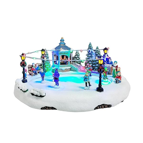 MOMENTS IN TIME ANIMATED SKATING POND 7.28”H LED CHRISTMAS VILLAGE DISPLAY WITH MOVING SKATERS, LIGHTS & MUSIC, ADAPTER OR BATTERY OPERATED, HANDCRAFTED POLYRESIN DECOR
