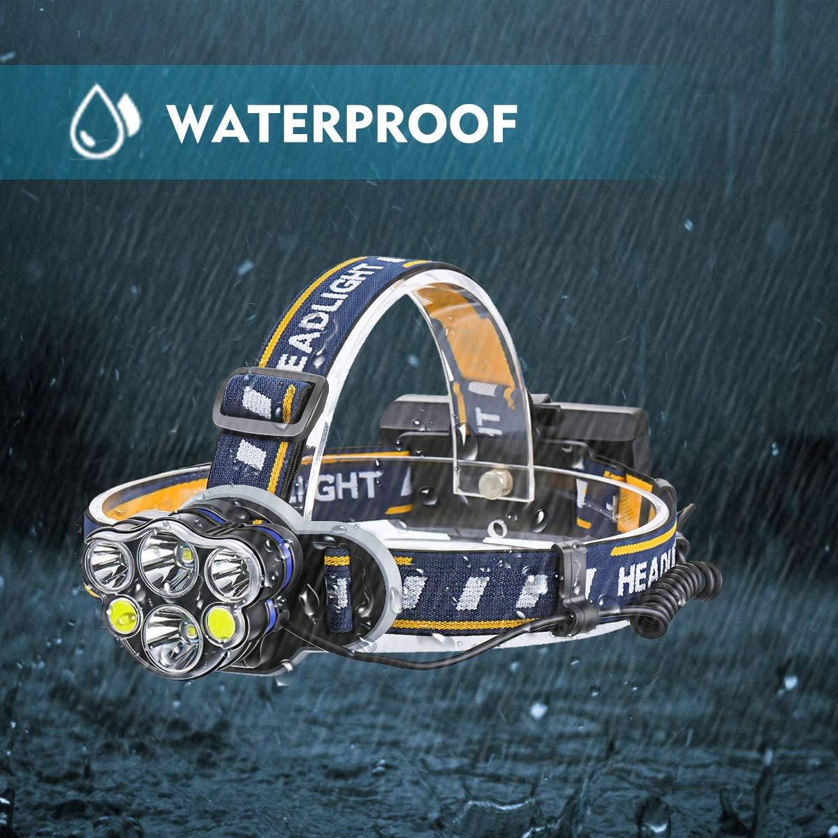 Rechargeable Headlamp, OUTERDO 12000 Lumens 6 LED 8 Modes USB Rechargeable HeadLight with 2 Batteries, Waterproof LED Head Torch Rechargeable Headlamp Flashlight for Camping, Fishing, Cellar, Outdoors - - 