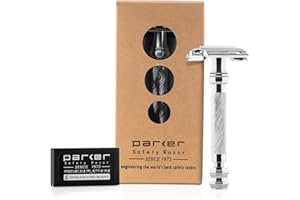 PARKER SAFETY RAZOR Parker 99R Chrome Long Handle Heavyweight Butterfly Open Double Edge Safety Razor for Men | 5 Parker Premium Platinum Double Edge Razor Blades Included | Iconic Brand