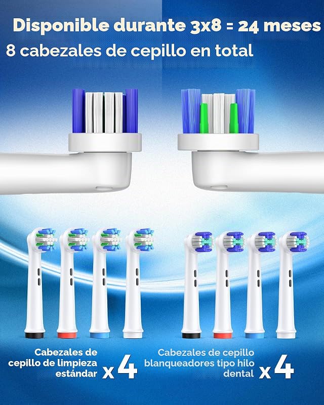 Cepillo Eléctrico Giratorio, 8 Cabezales 4 Modos Limpieza Blanco