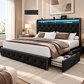 LARMACE Queen Bed Frame with 4 Storage Drawers, LED &amp; USB-C Charging | Velvet upholstery, 48 in headboard, 800 lb capacity, No box spring needed, EVA mute bar, Black