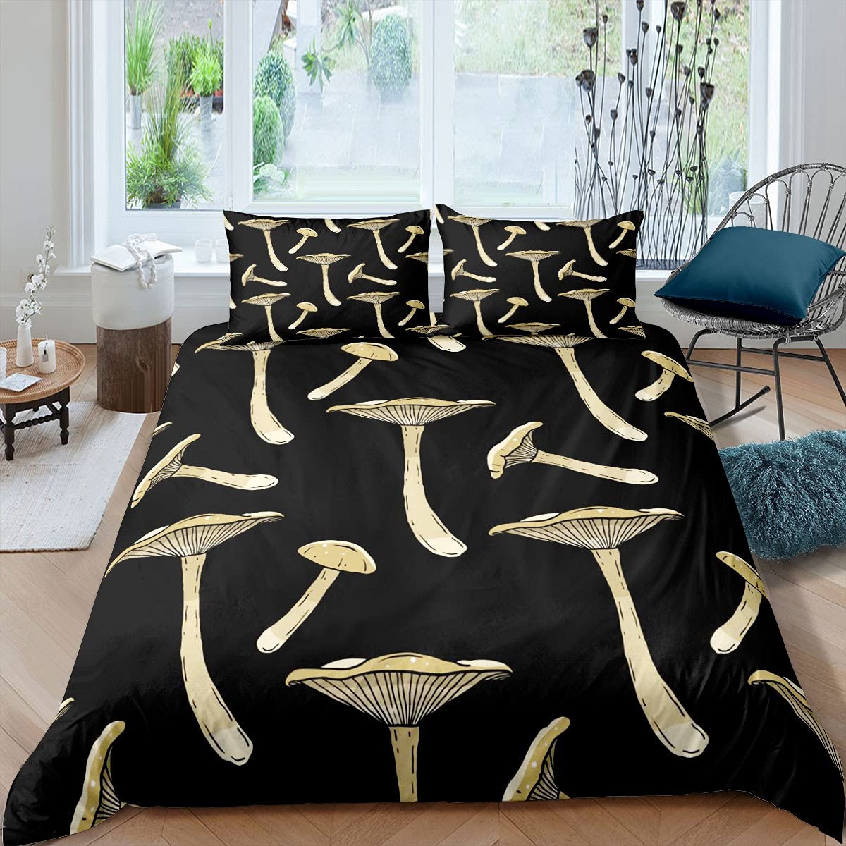 Mushrooms Comforter Cover Set Kids Trippy Botanical Bedding Set for Boys Girls Beige Mushroom Duvet Cover Set Teens Wild Fungus Black Bedding & Linen 3Pcs King Size
