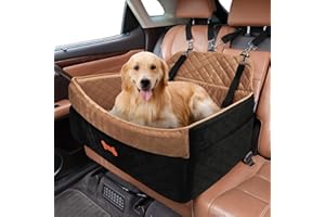 PetsHome Dog Car Seat for Medium Large Dogs, Detachable Washable Pet Booster Seat with Memory Foam Cushion, Side Pockets, 2 Clip-On Safety Leashes Pet Car Seat for Dog Up to 60 lbs/2 Small Dogs-Brown