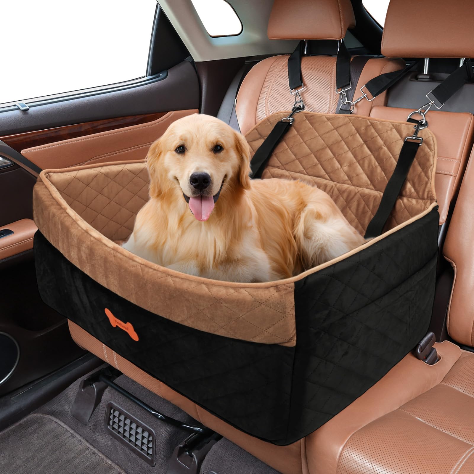 Photo 1 of PetsHome Dog Car Seat for Medium Large Dogs, Detachable Washable Pet Booster Seat with Memory Foam Cushion, Side Pockets, 2 Clip-On Safety Leashes Pet Car Seat for Dog Up to 60 lbs/2 Small Dogs-Brown