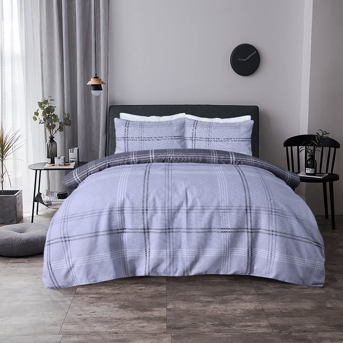 Sleepdown Waffle Grey Check Reversible Duvet Cover Quilt Pillow Cases Bedding Set Soft Easy Care - King (230cm x 220cm), (5056242893295)