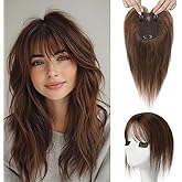 SEIKEA Hair Toppers for Women Real Human Hair, 10" Fluffy Natural Realistic 7x11CM Base Clip in Bangs with Wispy Bangs Hand-Tied Invisible Hairpieces for Thinning Hair Medium Brown