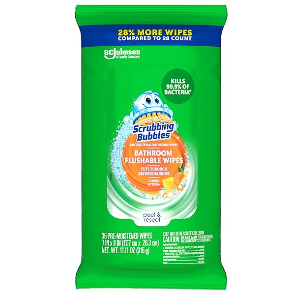 SCRUBBING BUBBLES ANTIBACTERIAL BATHROOM FLUSHABLE WIPES, FLUSHABLE AND RESEALABLE CLEANING WIPES, CITRUS ACTION, 36 WIPES