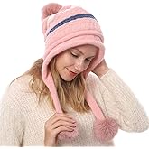 Women Winter Peruvian Cover Ears Beanie Hat Ear Flaps Sherpa Ski Snow Hats Knit Fleece Lined 3 Pom Pom