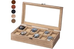Exper City Watch Box, Watch Case for Men Women with Large Glass Lid, Wooden Watch Display Storage Box with 12 - Slots, Wood Mens Watch Box Organizer