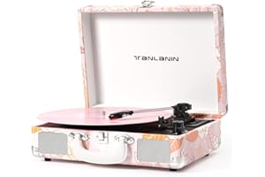 TANLANIN Vinyl Record Player Pink Floral, USB Recording, Bluetooth Vintage 3-Speed Portable Suitcase Turntables with Built-in Speakers, 33 45 78 RPM Belt-Driven LP Player Support AUX-in RCA Out Headphone Jack