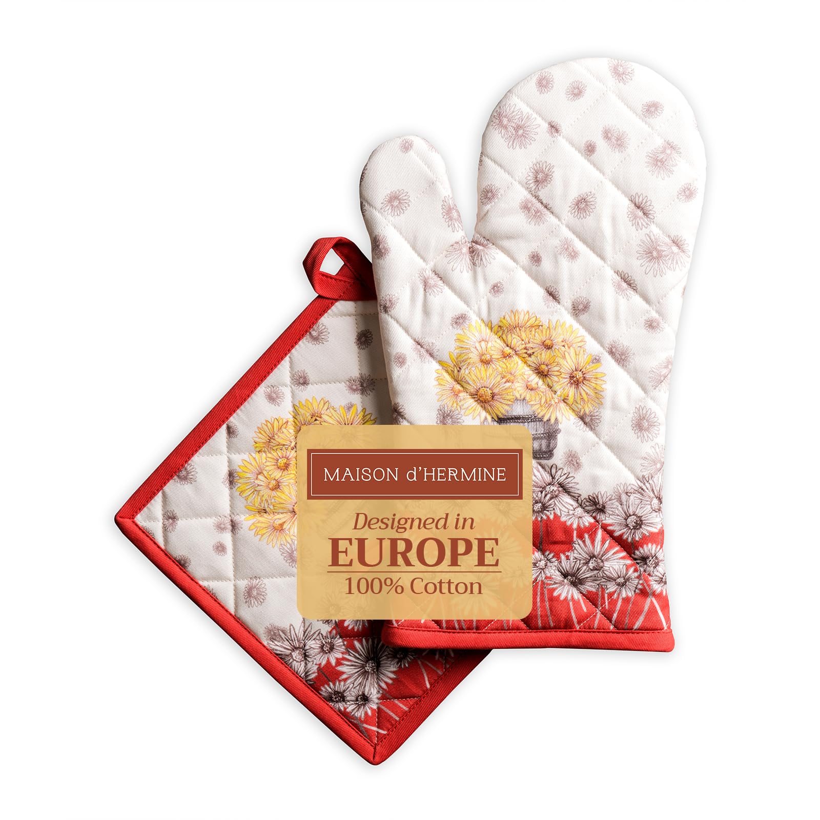 Maison d' Hermine 100% Cotton Oven Mitt & Pot Holder Set (19 x 33 cm & 20 x 20 cm) Heat Resistant BBQ Cooking Gloves with Loop for Christmas Decorations Baking Handling Hot Pans (Bagatelle)