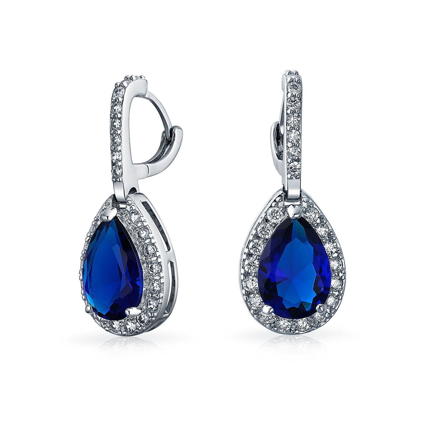 Vintage Style Halo Simulated Blue Sapphire Cubic Zirconia AAA CZ Fashion Dangle Drop Teardrop Earrings For Women Prom Bridesmaid Wedding Silver Plated