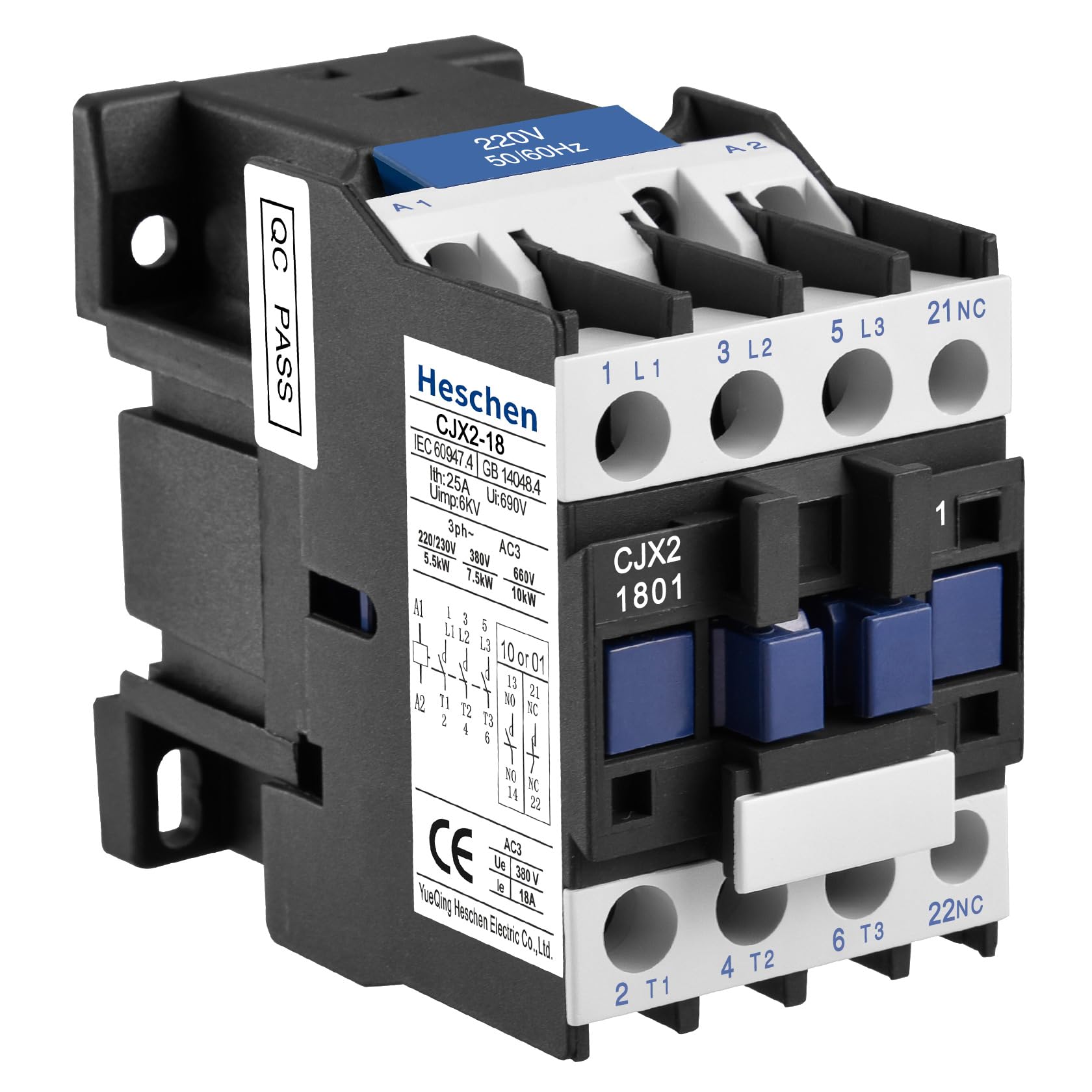 Heschen AC Contactor, CJX2-1801, 220V 50/60Hz Coil, 3P, 3 Pole, Normally Closed, Ie 18A, Ue 380V