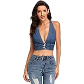 Adult Women's Button Front Denim Halter Crop Tank Top Vest Daisy Sexy Deep V Neck Jean Sleeveless Backless Corset