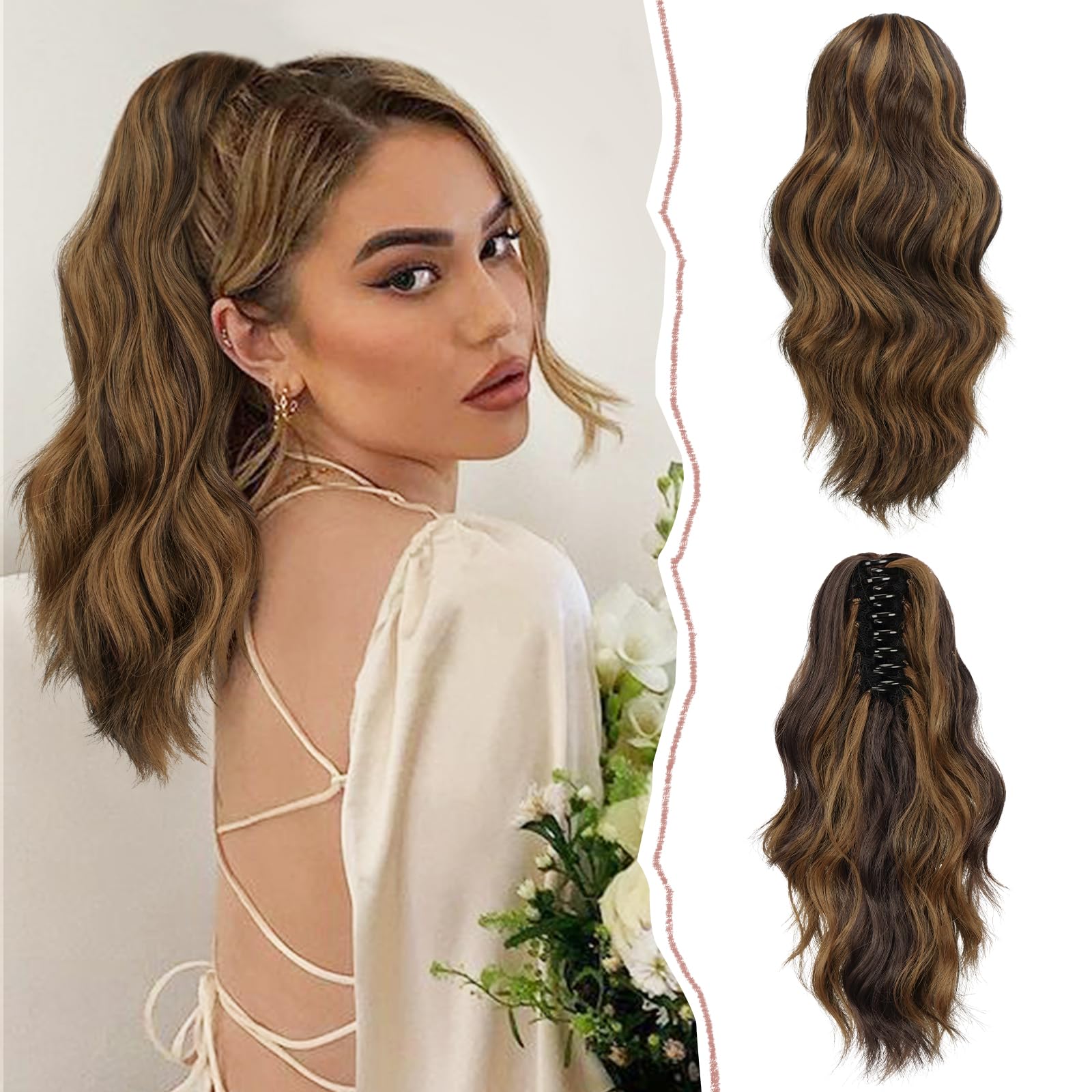 Sofeiyan 14'' Ponytail Extension Curly Clip in Claw Hair Extensions Natural Wavy Looking Synthetic Hairpiece for Women, Dark Brown Mix Golden Auburn