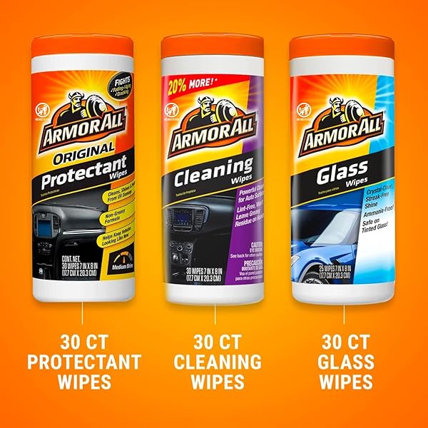 ARMOR ALL PROTECTANT, GLASS AND CLEANING WIPES, GIFTS FOR DAD, INTERIOR CAR CLEANER AND EXTERIOR CARE, 30 COUNT EACH (PACK OF 3)