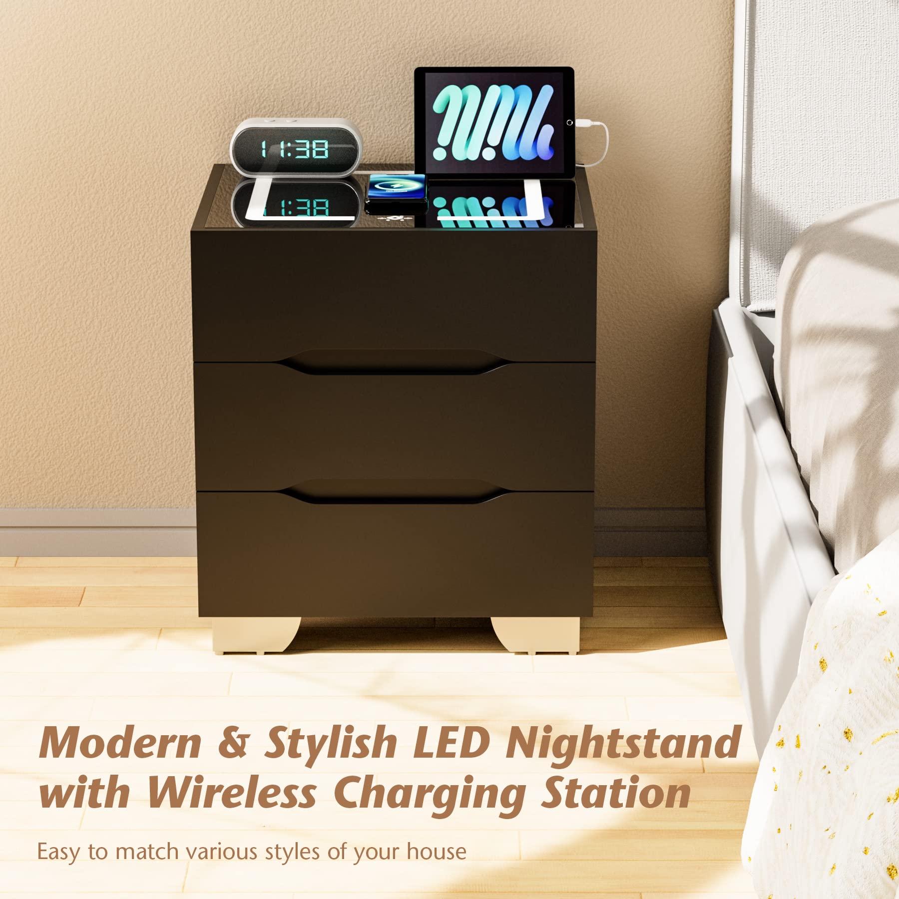 Mini Computer Night Stand Mua Smart Nightstand with Wireless Charging Station and LED Lights ...