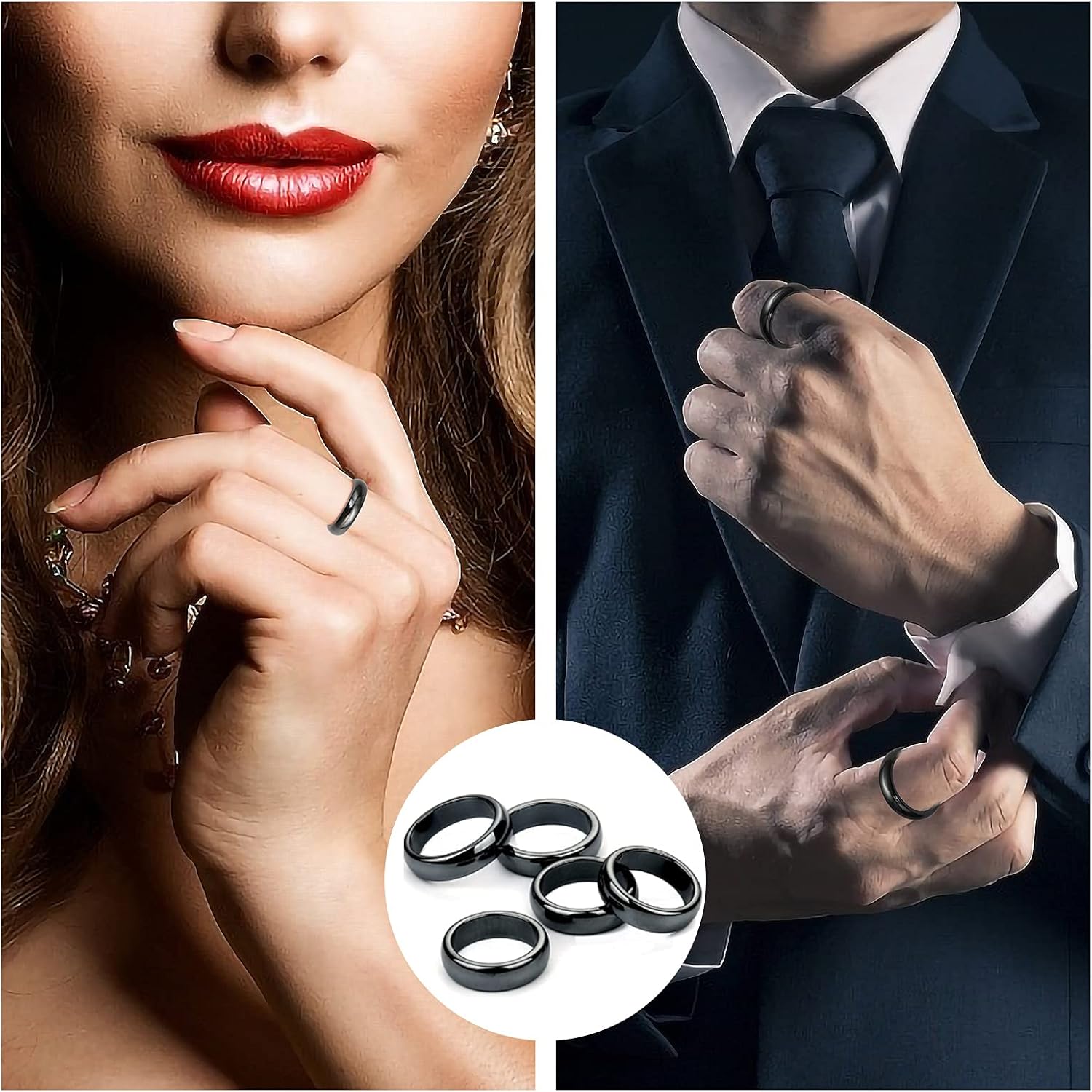 5Pcs Hematite Magnetic Plain Band Rings, Break with Negative Energy, Genuine Hematite Ring for Women Men Benefit to Anxiety Balance Assorted Size 6-10: Clothing