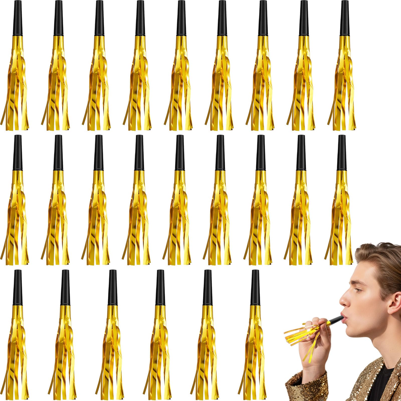 Sumind 24 Pcs Gold Noise Makers Metallic Fringed Party Blowers Horns Whistles Noisemakers Party Favors for Adults Birthday Graduation Sporting Events Celebration Surprise Supplies