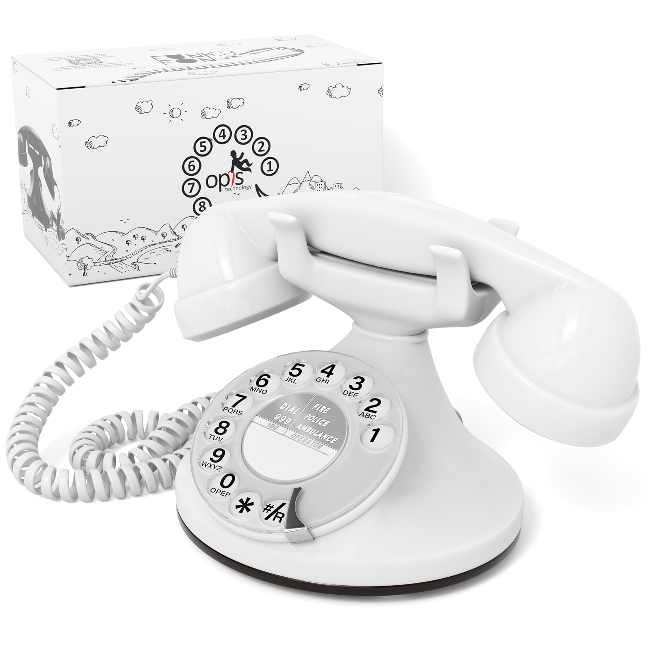 Opis FunkyFon Cable: A Retro Home Phone, Vintage Landline Phone for your Telephones Landline, offering Old Fashioned Telephones style in white