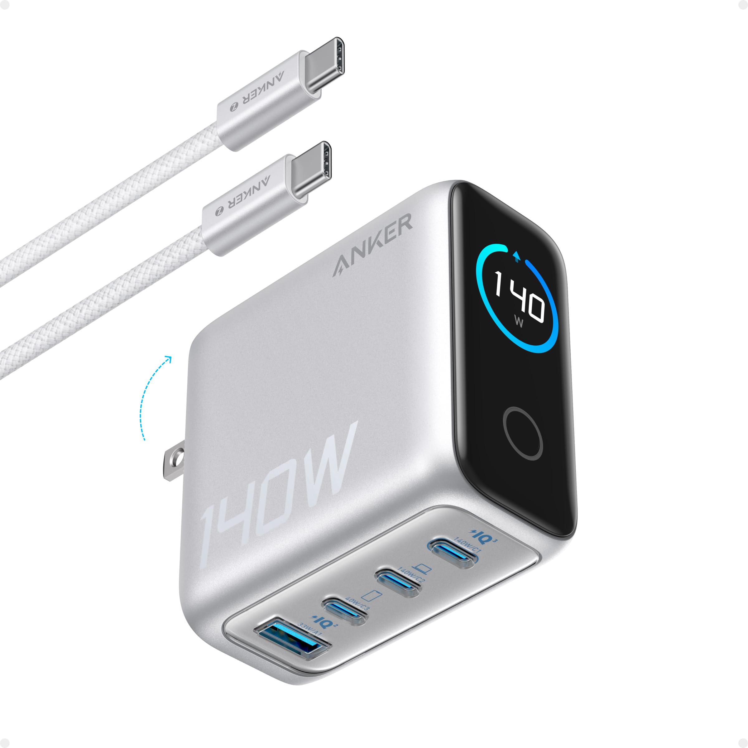 Anker Cargador para computadora portátil, bloque de cargador USB C GaN de 140 W máximo de 4 puertos con pantalla inteligente, adaptador de corriente de carga rápida, controles táctiles para MacBook, iPad, iPhone serie 17/16 (incluye cable de 5 pies, sin b