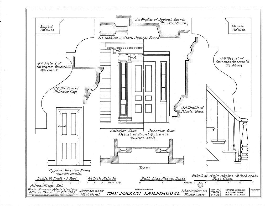 Historic Pictoric Blueprint Diagram HABS WIS,66-BENW.V,1- (Sheet 6 of 6) - Maxon Farmhouse, West Bend, Washington County, WI 20in x 16in