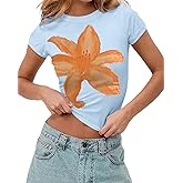 Cioatin Women Y2K Short Sleeve Flower Graphic Baby Tee Shirt Vintage Aesthetic Floral Print Summer Crop Tshirt Tops