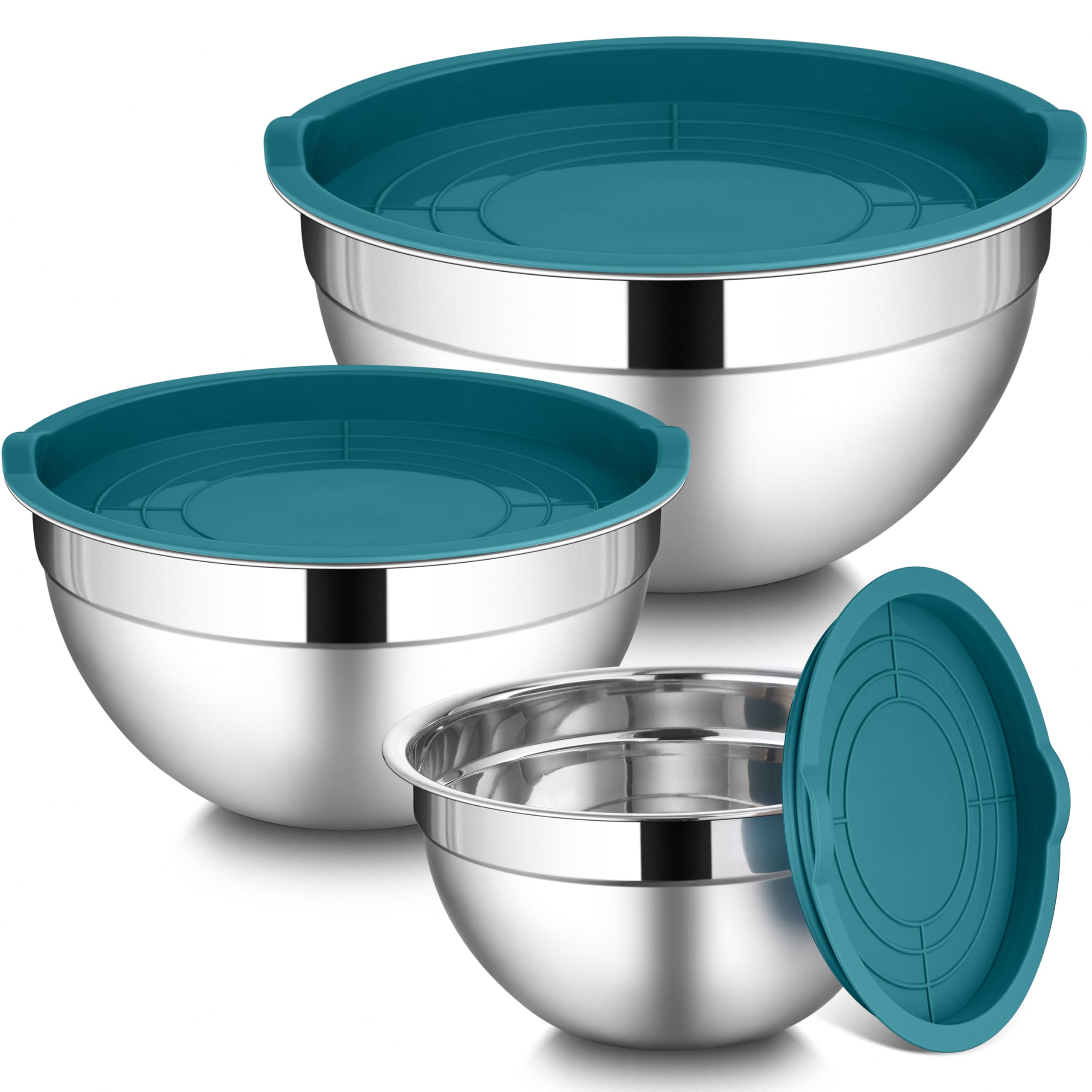 Photo 1 of LIANYU Mixing Bowls Set with Airtight Lids, Stainless Steel Large Metal Kitchen Bowls Set of 3, Dishwasher & Freezer Safe, 1.5QT & 3QT & 4.6QT, Blue