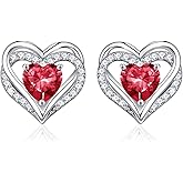 Iefil Birthstone Earrings for Women - 925 Sterling Silver Heart Stud Earrings Birthday Gifts for Women