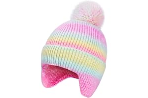 ACTLATI Kids Beanie with Ear Flaps for Boys Girls Pom Knit Hats Fleece Lining Winter Outdoor Skull Snow Ski Cap Age 2-10