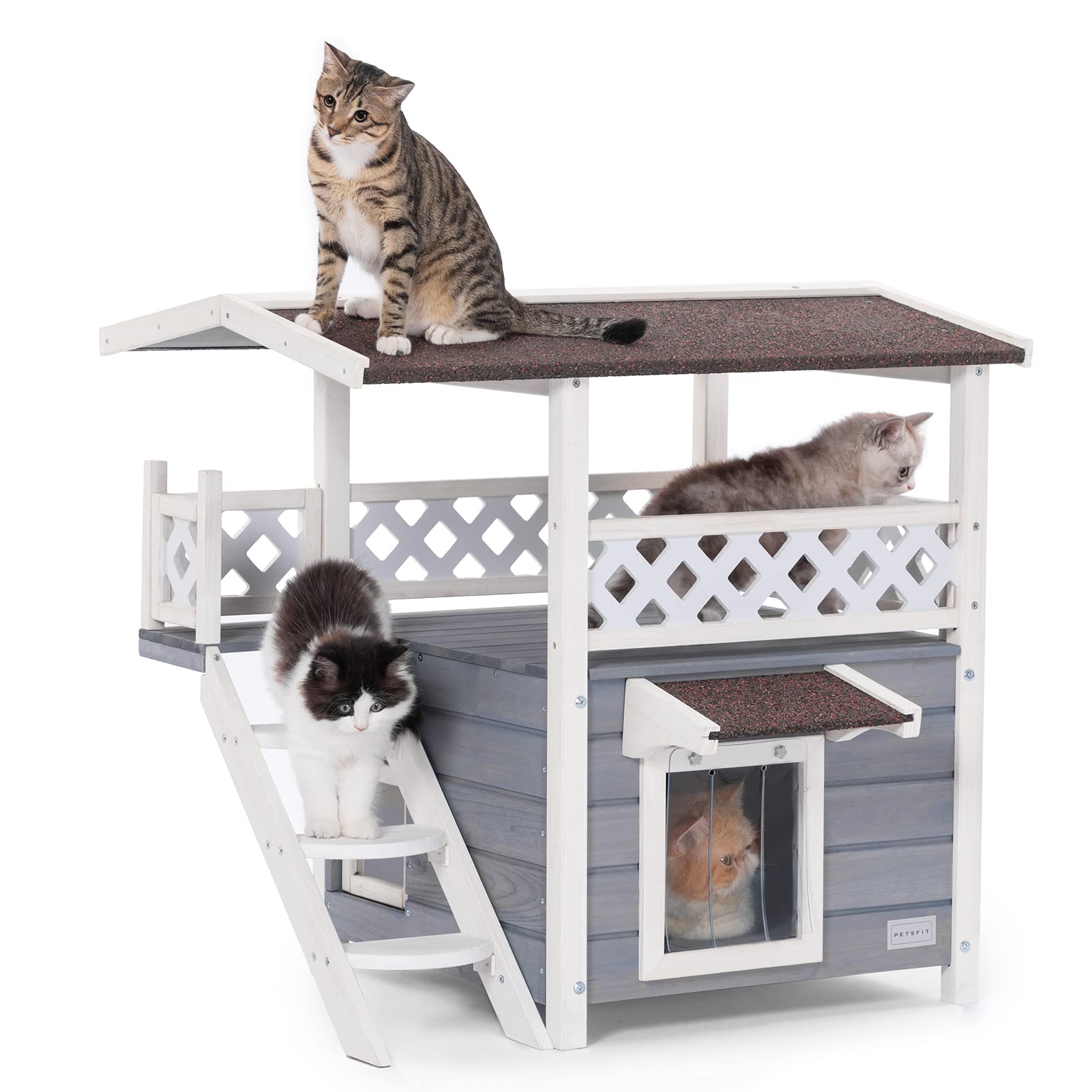 Petsfit Outdoor Cat House for Winter, Outdoor Cat House, with Scratch Board, 2 Story Design with Escape Door Perfect for Multi Cats, Outside Cat House Gray