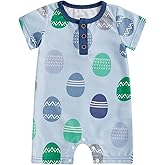Lamuusaa Newborn Baby Boy Easter Outfit Short Sleeve Bunny/Easter Egg Romper Button Ribbed Bodysuit Jumpsuit Summer Clothes
