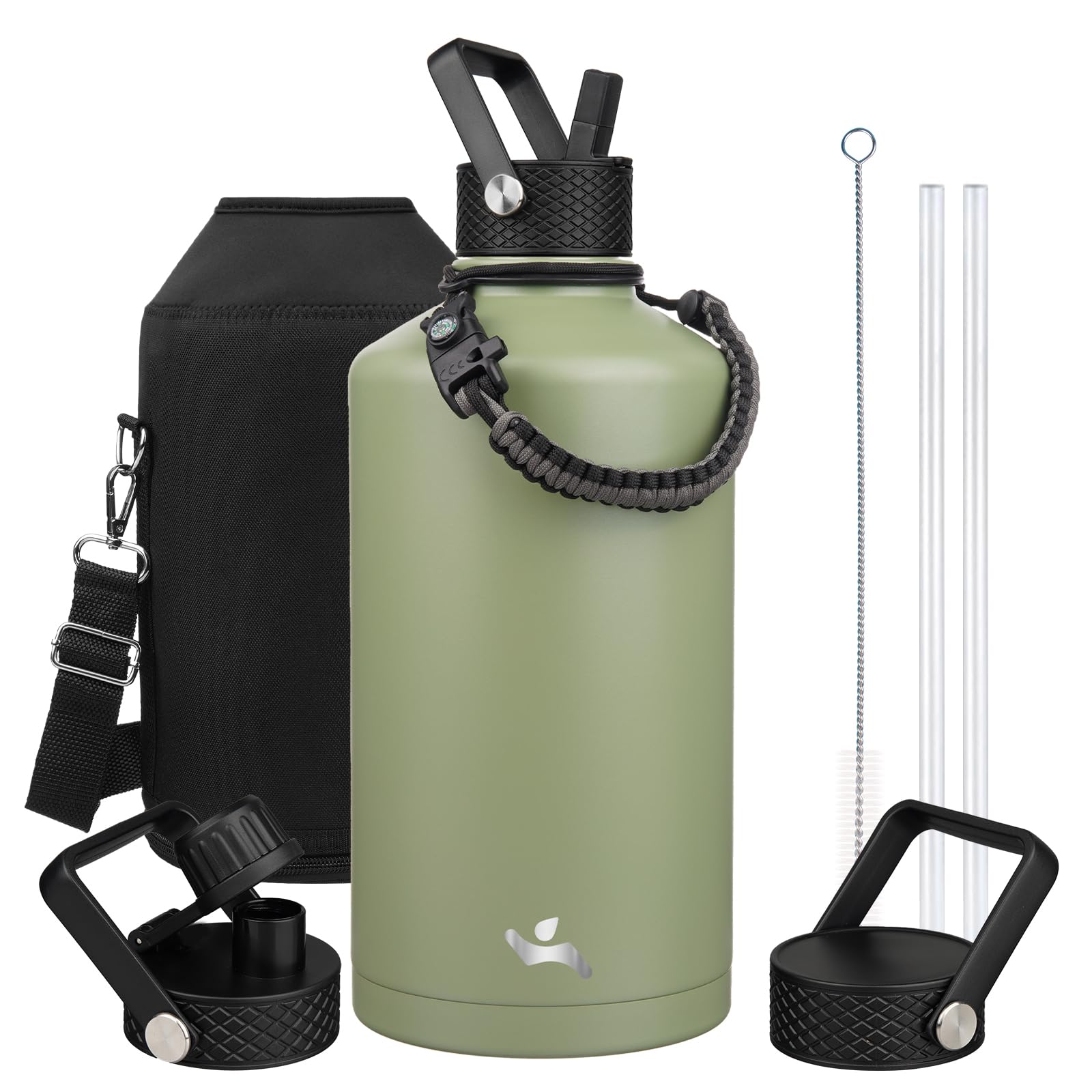 Photo 1 of *MISSING STRAW AND ROPE* Konokyo Gallon Insulated Water Bottle with Straw,128 oz 3 Lids Water Jug with Carrying Bag,Paracord Handle, Double Wall Vacuum Stainless Steel Metal Flask,Camp Green