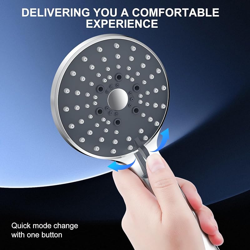 Soffione Doccia con 6 Getti, Alta Pressione, Anticalcare, Pulsante Cambio Rapido, Risparmio Acqua, Installazione Senza Attrezzi, Cromato
