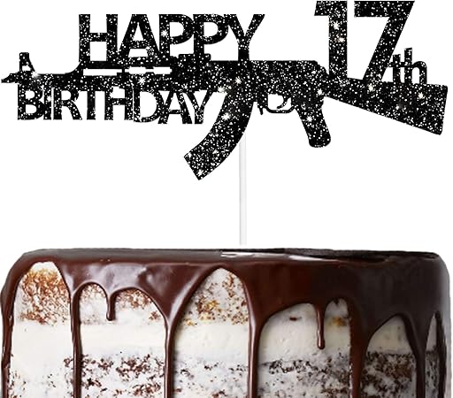 Amazon Co Jp Qiang Ct 17 ガンハッピー17歳の誕生日ブラックグリッターケーキトッパー 17歳の誕生日を祝う記念日パーティーデコレーション用品 おもちゃ