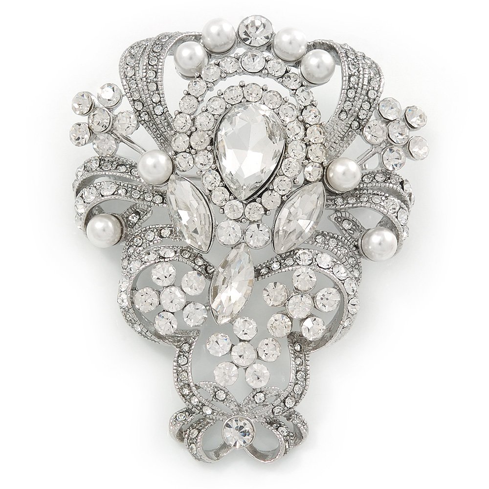 Bridal/Wedding Clear Austrian Crystal, White Glass Pearl Corsage Brooch In Rhodium Plating - 65mm L