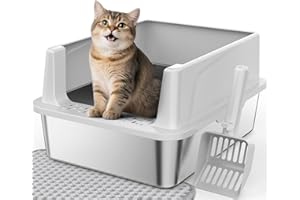 FURTIME Stainless Steel Cat Litter Box with Lid, Metal Kitty Litter Box for Small Cats, Kitten Litter Boxs with Scoop and Mat, Non-Sticky, Anti-Leakage, Easy to Clean, 17.4"x13.4"x8.4" (Small)