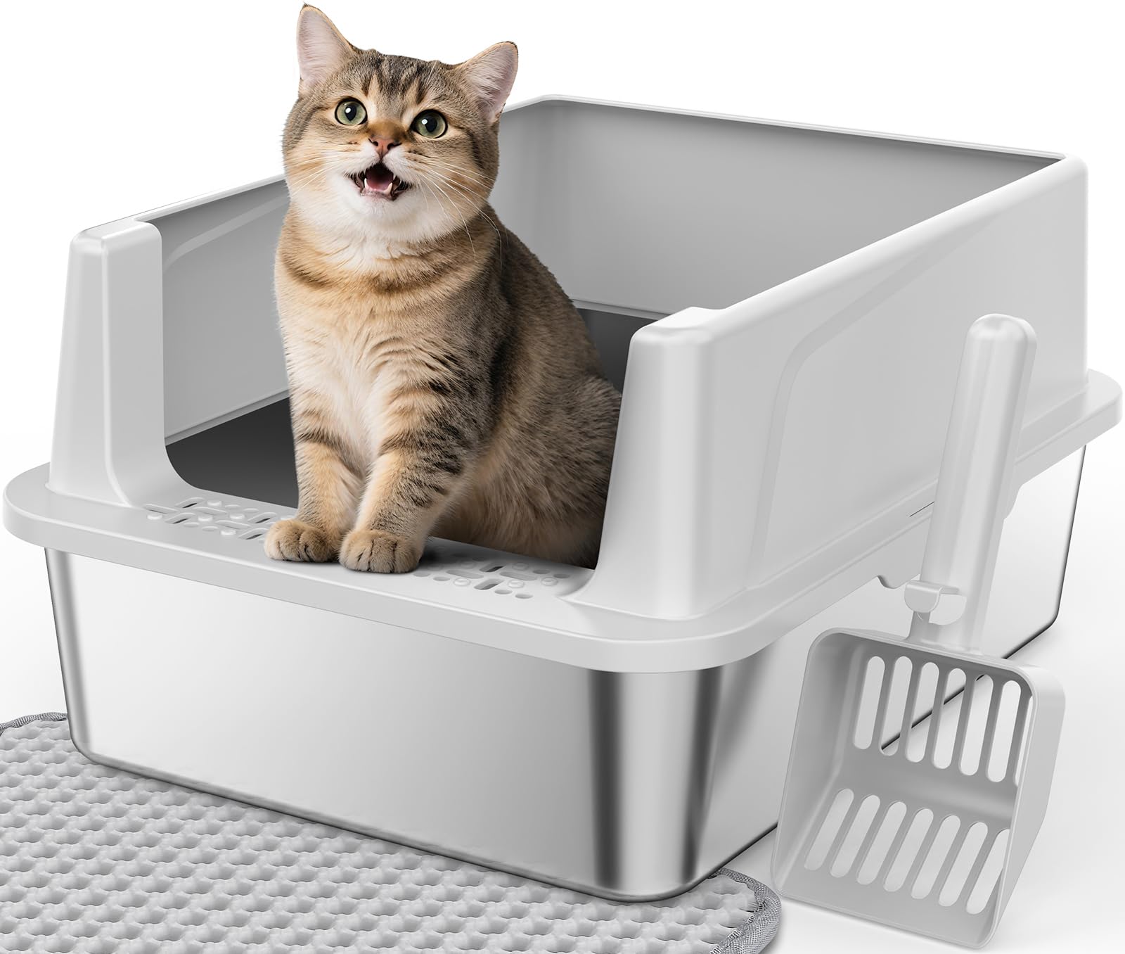 Photo 1 of FURTIME Stainless Steel Cat Litter Box with Lid – High-Sided Metal Litter Pan for Small Cats, Kitty Litter Box Non-Stick, Odor-Resistant, Anti-Urine Leakage, Easy to Clean, Includes Scoop and Mat