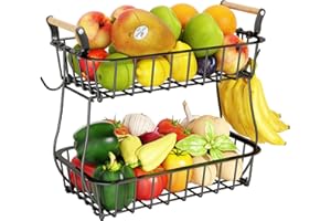 ANTOPY 2 Tier Fruit Basket with 2 Banana Hangers, Countertop Fruit Vegetable Basket Bowl for Kitchen Counter Metal Wire Stora