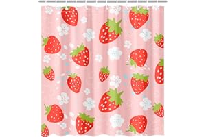 Lindameler Strawberry Shower Curtain for Kids Childern Pink Funny Cartoon Flower Fruit Shower Curtain Set Waterproof Fabric Cute Bathroom Curtain with 12 Hooks 72x72 Inches