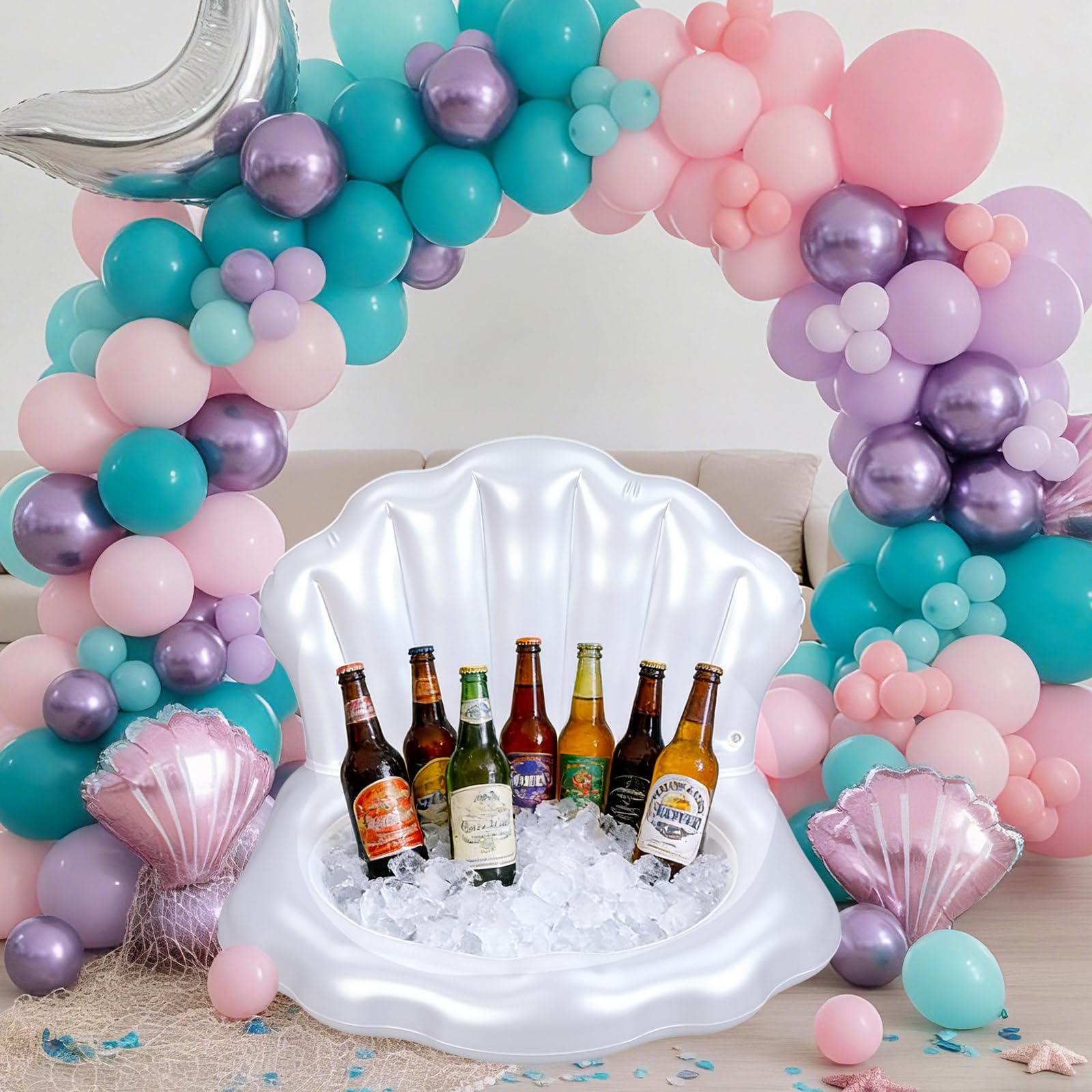 Photo 1 of Gemscream 1 Pcs Mermaid Birthday Decorations Seashell Pool Float Cooler Blow up Inflatable Drink Holder for Under The Sea Theme Party for Summer Decor (White)