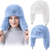 Mepase 2 Pack Faux Fur Hat for Women Fuzzy Warm Ushanka Hat Winter Fluffy Supplies for Ladies(Blue and White)