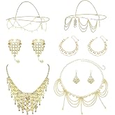 LOFITOR Gold Belly Dancer Accessories Belly Dance Jewelry Set for Women | 10 Pieces Cleopatra Genie Accessories Costume Outfit Sequin Head Chains,Coin Veil Necklace,Boho Earrings,Bracelets Anklet