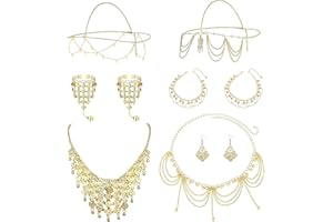 LOFITOR 10 Pcs Belly Dance Jewelry Set for Women Gold Plated Sequins Head Chains Vintage Coins Veil Necklace Boho Earrings Bracelets Anklet Indian Style Body Dance Play Accessories Halloween Carnival Cosplay