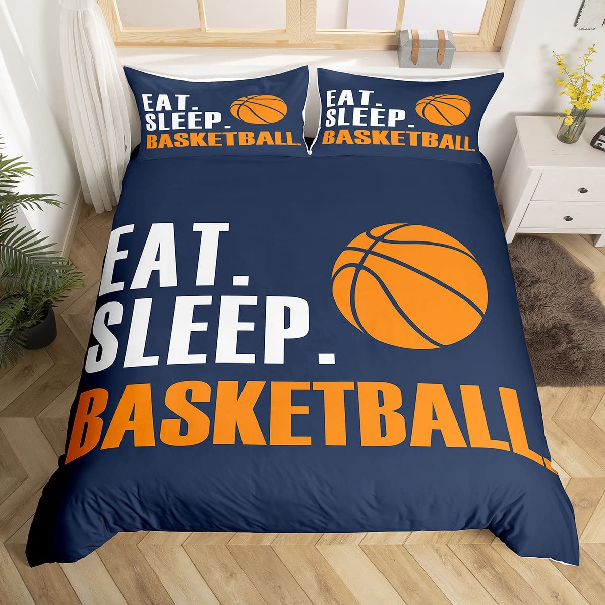 Loussiesd Basketball Comforter Cover Set 3D Ball Sports Bedding Set for Boys Girls Women Men Blue Eat Sleep Basketball Bedding Duvet Cover Set Ball Games Single Size Bedspread Cover 2Pcs