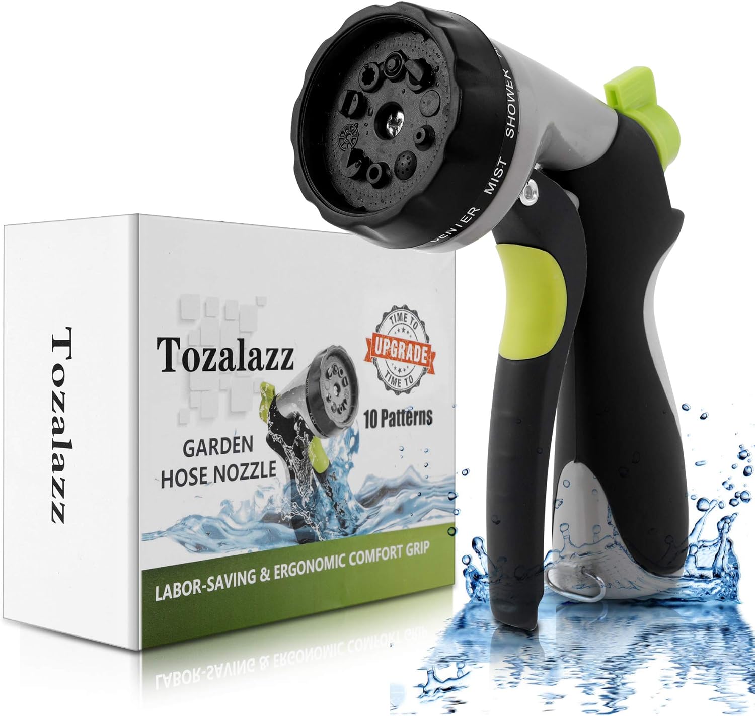 Tozalazz Garden Hose Nozzle, High Pressure Heavy Duty Metal Hose Sprayer, Upgraded Water Hose Nozzle with 10 Adjustable Watering Patterns, Great for Car Washing, Cleaning, Watering Lawn and Garden