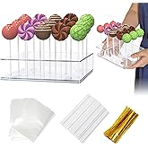 2 Pack Cake Pop Stand with Sticks Kit, Acrylic Cake Pop Display Holder with Base, Clear Lollipop Stand, 15 Holes Candy Pop Holder with 100 Pcs Sticks, 100 Pcs Clear Wrappers, 100 Pcs Gold Twist Ties