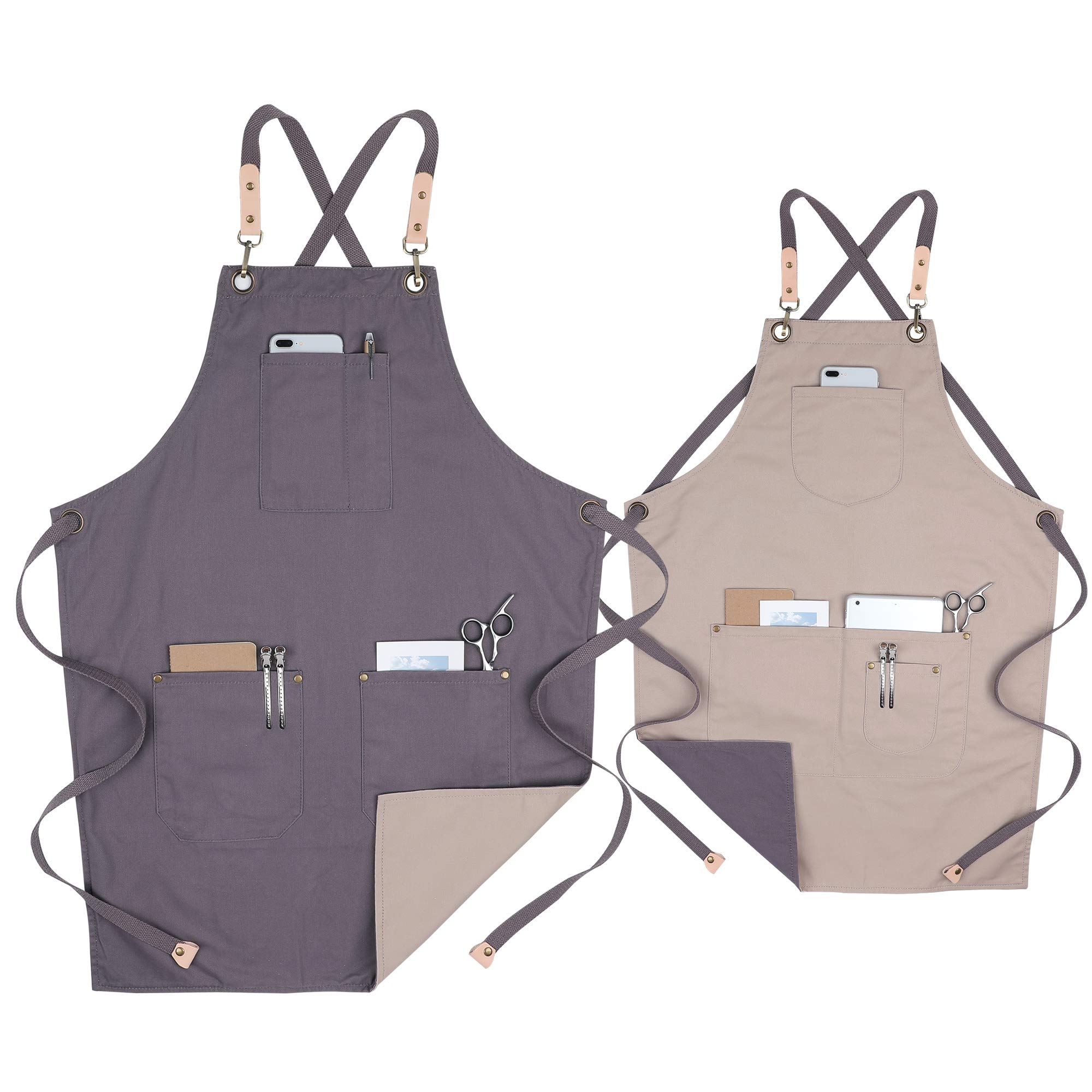 VANTOO Professional Double-Side Dual Use Cotton Apron with 4 Pockets for Men Women, Artist Painting Salon Shop Restaurant Apron, Adjustable Shoulder Straps (Khaki & Grey)